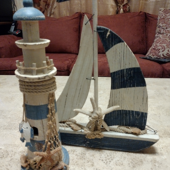 ⛵Vintage Wooden Rustic Lighthouse and Sailboat Beach Decor, Nautical⛵🌺 - Picture 2 of 8